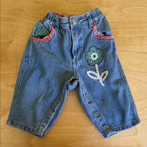 GAP Blue Denim Jeans with Green Flower Patch and Pink Trim